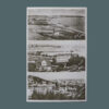 Pionowa pocztówka. Zawiera trzy czarno-białe, poziome fotografie z opisami wyglądającymi jak odręczne. Od góry: plaża w Gdyni z 1920 roku, na środku port w Gdyni z 1932 roku, poniżej Gdynia – miasto z 1932 roku. Na zdjęciach jasne budynki, morze, fragmenty lasu.