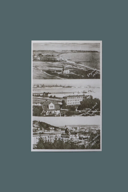 Pionowa pocztówka. Zawiera trzy czarno-białe, poziome fotografie z opisami wyglądającymi jak odręczne. Od góry: plaża w Gdyni z 1920 roku, na środku port w Gdyni z 1932 roku, poniżej Gdynia – miasto z 1932 roku. Na zdjęciach jasne budynki, morze, fragmenty lasu.